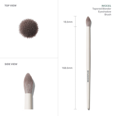M331 Tapered Blender Eyeshadow Brush measurements diagram showing brush head dimensions and total length.