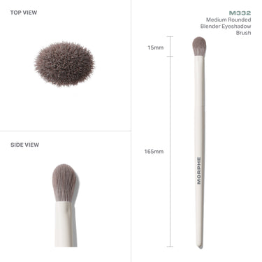 M332 Medium Rounded Blender Eyeshadow Brush measurements: 15mm rounded dome and 165mm total brush length.