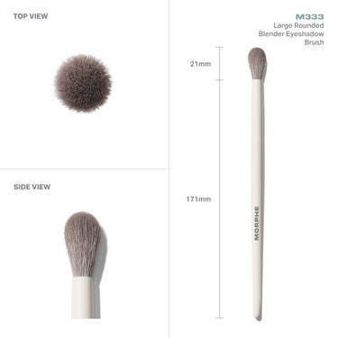 M333 Large Rounded Blender Eyeshadow Brush measurements showing top and side views, 21mm rounded head, 171mm length, MORPHE handle.