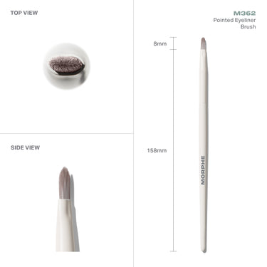 M362 Pointed Eyeliner Brush measurements showing top and side views, 8mm fine tip, 158mm length, cream MORPHE handle.