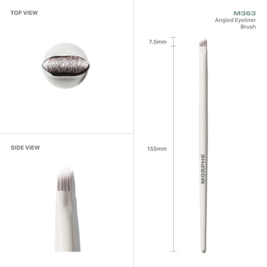 M363 Angled Eyeliner Brush measurements infographic showing 7.5mm angled bristle width and 155mm total length with cream MORPHE handle.