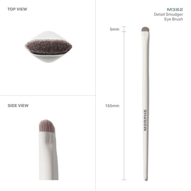 M382 Detail Smudger Eye Brush measurements showing top and side views, 5mm brush head, 155mm length, cream MORPHE handle.