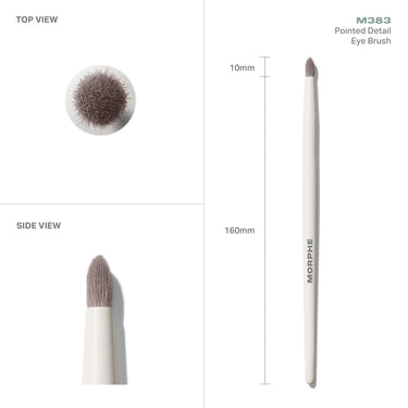 M383 Pointed Detail Eye Brush measurements showing top and side views, 10mm tapered tip, 160mm length, cream MORPHE handle.
