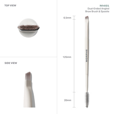 M401 Dual-Ended Angled Brow Brush & Spoolie measurements: 125mm total length, 6.5mm brush width, 20mm spoolie, cream MORPHE handle.