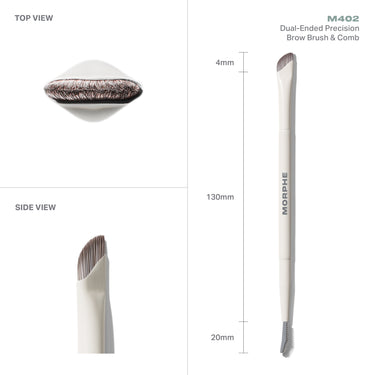 M402 Dual-Ended Precision Brow Brush & Comb measurements infographic showing 130mm total length, cream MORPHE handle, angled bristles and comb end.