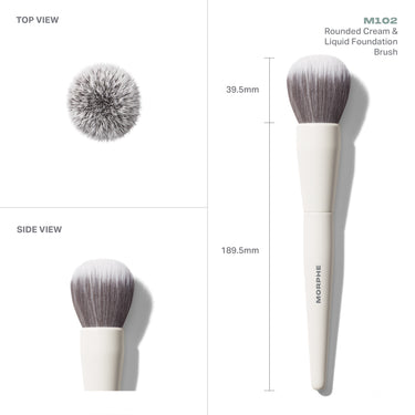 M102 Rounded Cream & Liquid Foundation Brush from Morphe in top and side views: 39.5mm head, 189.5mm length.