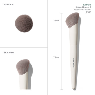 M103 Angled Cream & Liquid Foundation Brush from Morphe in top and side views: 25mm angled head, 175mm length.