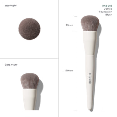 M104 Domed Foundation Brush measurements infographic with TOP VIEW and SIDE VIEW: 29mm dome head and 179mm total length.
