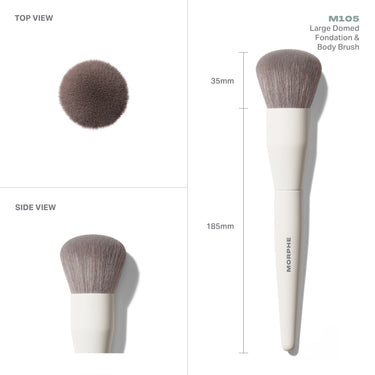 Morphe M105 Large Domed Foundation & Body Brush infographic showing TOP VIEW and SIDE VIEW with measurements: 35mm head, 185mm total length, cream handle with MORPHE imprint.