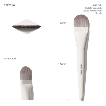 M107 Paddle Cream & Liquid Foundation Brush infographic showing TOP VIEW and SIDE VIEW with measurements: 27mm bristles, 172mm total height, white MORPHE handle.
