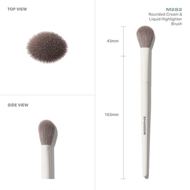 M282 Rounded Cream & Liquid Highlighter Brush infographic showing TOP VIEW and SIDE VIEW with measurements: 43mm round head, taupe bristles, white MORPHE handle, 193mm total length.