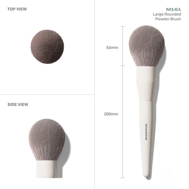 M161 Large Rounded Powder Brush technical views with dimensions. Embedded text: "TOP VIEW SIDE VIEW M161 Large Rounded Powder Brush 55mm 200mm MORPHE"