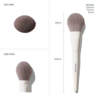 M162 Tapered Powder Brush technical views with dimensions. Embedded text: "TOP VIEW SIDE VIEW M162 Tapered Powder Brush 49mm 199mm MORPHE"