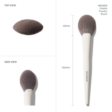 M163 Paddle Powder Brush infographic showing TOP VIEW and SIDE VIEW with measurements: 42mm head width, 192mm total length, white MORPHE handle.