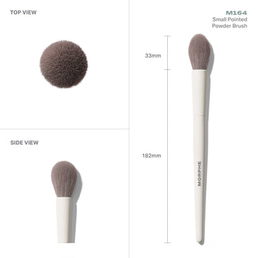M164 Small Pointed Powder Brush from Morphe in top and side views: 33mm pointed head, 182mm length.