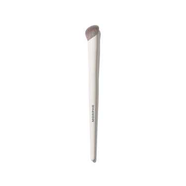 Morphe M132 Angled Concealer Brush with white handle labeled MORPHE and taupe synthetic angled bristles on white background. | M132 Angled Concealer Brush