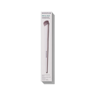 Morphe M132 Angled Concealer Brush in white packaging labeled "MORPHE M132 CONCEALER CORRECTEUR ANGLED CONCEALER BRUSH PINCEAU CORRECTEUR BISEAUTÉ CONTAINS 1 BRUSH CONTIENT 1 PINCEAU." | M132 Angled Concealer Brush | Secondary image