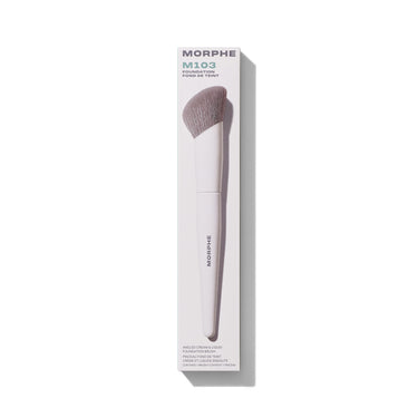 Morphe M103 Foundation Fond De Teint box: Angled Cream & Liquid Foundation Brush, Pinceau Fond De Teint Crème Et Liquide Biseauté, contains 1 brush.