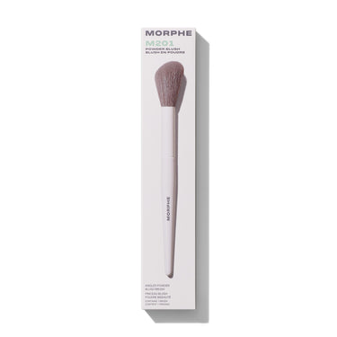 Morphe M201 Angled Powder Blush Brush in white box labeled "MORPHE M201 POWDER BLUSH BLUSH EN POUDRE ANGLED POWDER BLUSH BRUSH PINCEAU BLUSH POUDRE BISEAUTÉ CONTAINS 1 BRUSH CONTIENT 1 PINCEAU" with MORPHE-stamped cream handle and taupe angled bristles. | M201 Angled Powder Blush Brush | Secondary image