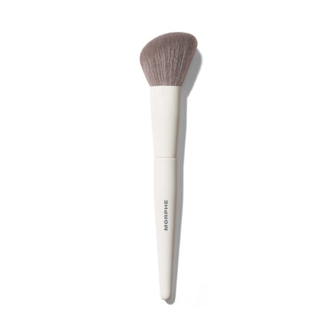 Morphe M241 Angled Powder Bronzer Brush with a white handle printed with MORPHE and a fluffy angled gray bristle head against a white background. | M241 Angled Powder Bronzer Brush