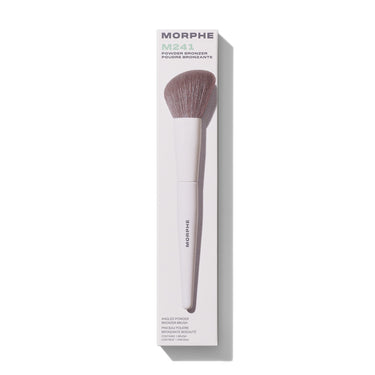 Morphe M241 Angled Powder Bronzer Brush in cream packaging labeled "MORPHE M241 POWDER BRONZER POUDRE BRONZANTE ANGLED POWDER BRONZER BRUSH PINCEAU POUDRE BRONZANTE BISEAUTÉ CONTAINS 1 BRUSH CONTIENT 1 PINCEAU."