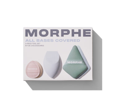 Morphe All Bases Covered 3-Piece Tool Set box reading "MORPHE ALL BASES COVERED 3-PIECE TOOL SET KIT DE 3 ACCESSOIRES" with pink puff, white oval sponge, and sage green diamond applicator labeled MORPHE.