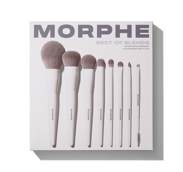 Morphe Best Of Blends 8-Piece Face & Eye Brush Set box reading "MORPHE BEST OF BLENDS 8-PIECE FACE & EYE BRUSH SET KIT DE 8 PINCEAUX TEINT ET YEUX" with eight white-handled taupe-bristled MORPHE brushes in graduated sizes fanned across the front.