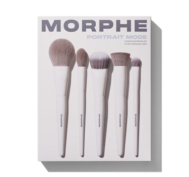 Morphe Portrait Mode 5-Piece Face Brush Set box displaying five cream-handled taupe-bristled brushes labeled MORPHE, 5-PIECE FACE BRUSH SET / KIT DE 5 PINCEAUX TEINT.