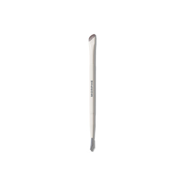 M402 Dual-Ended Precision Brow Brush & Comb with cream MORPHE handle, taupe angled bristles on one end, fine-tooth comb on the other. | M402 Dual-Ended Precision Brow Brush & Comb