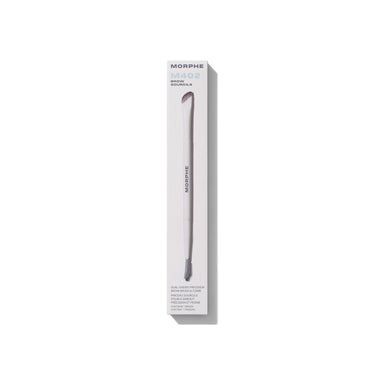 M402 Dual-Ended Precision Brow Brush & Comb shown beside its cream MORPHE box with brush and comb ends extending out. | M402 Dual-Ended Precision Brow Brush & Comb | Secondary image