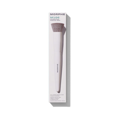 M106 Flat-Topped Cream & Liquid Foundation Brush in MORPHE Foundation/Fond de Teint retail box labeled Pinceau Fond de Teint Creme et Liquide a Extremite Plate. | M106 Flat-Topped Foundation Brush | Secondary image