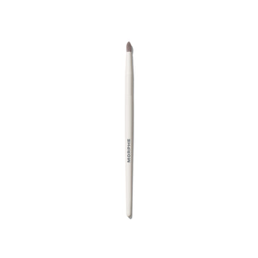 M383 Pointed Detail Eye Brush with cream MORPHE handle and tapered pointed taupe tip on white background. | M383 Pointed Detail Eye Brush