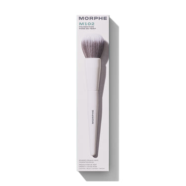 Morphe M102 Foundation Fond De Teint box: Rounded Cream & Liquid Foundation Brush, Pinceau Fond De Teint Crème Et Liquide Rond, contains 1 brush.