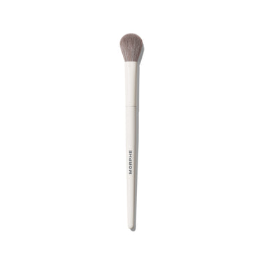 Morphe M282 Rounded Cream & Liquid Highlight Brush with rounded gray bristles and a white handle printed MORPHE. | M282 Rounded Cream & Liquid Highlight Brush