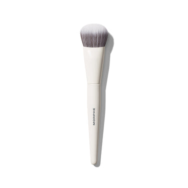 Morphe M242 Slanted Cream & Liquid Bronzer Brush with white handle stamped MORPHE and slanted gray taupe bristles. | M242 Slanted Cream & Liquid Bronzer Brush