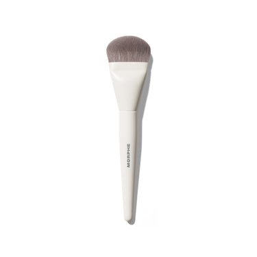 Morphe M243 Slanted Cream & Liquid Contour Brush with white tapered handle labeled MORPHE and slanted gray bristles. | M243 Slanted Cream & Liquid Contour Brush