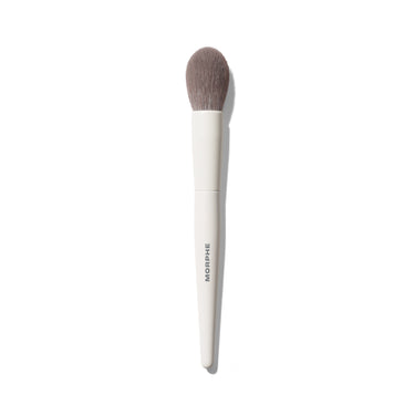 Morphe M203 Tapered Powder Blush Brush with soft gray tapered bristles and white handle labeled MORPHE. | M203 Tapered Powder Blush Brush