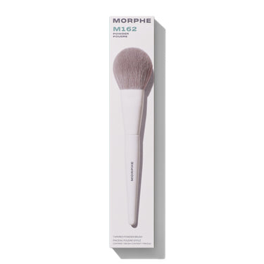 M162 Tapered Powder Brush in white retail box. Embedded text: "MORPHE M162 POWDER POUDRE TAPERED POWDER BRUSH PINCEAU POUDRE EFFILE CONTAINS 1 BRUSH / CONTIENT 1 PINCEAU" | M162 Tapered Powder Brush | Secondary image