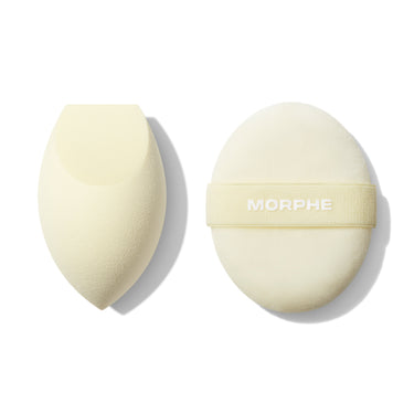 Morphe Buttery Blends Tool Duo featuring a teardrop blending sponge and a round powder puff with MORPHE elastic band. | Buttery Blends Tool Duo