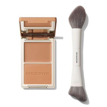 Morphe Cheek Thrills Bronzer Duo with caramel and tan shades plus dual-ended Sculpt Brush with MORPHE on handle. | Cheek Thrills Duos + Dual-Ended Sculpt Brush