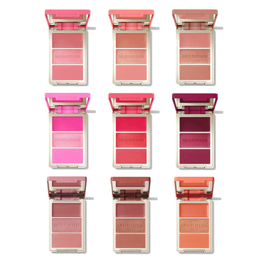 Nine Morphe Cheek Thrills Multi-Finish Face Trio compacts open with three blush shades each, MORPHE on shimmer pans. | Cheek Thrills Multi-Finish Face Trio 9-Piece Collection