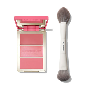 Morphe Cheek Thrills Multi-Finish Face Trio in pink with three blush shades and MORPHE engraved, beside dual-ended Blush Brush with MORPHE handle. | Cheek Thrills Trios + Dual-Ended Blush Brush