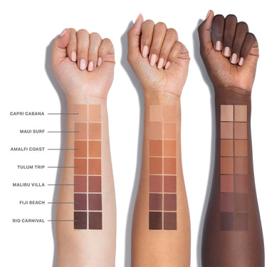 Three skin tones swatched with Morphe Cheek Thrills Bronzer Duo shades: Capri Cabana, Maui Surf, Amalfi Coast, Tulum Trip, Malibu Villa, Fiji Beach, Rio Carnival.