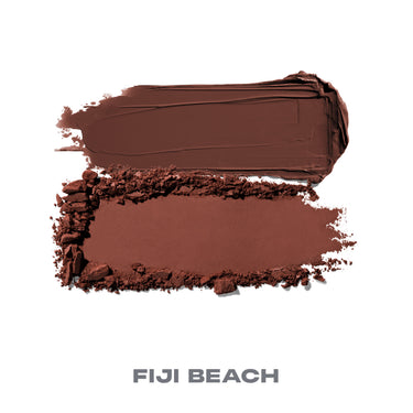 {Fiji Beach} Cheek Thrills Bronze Tone Duos cream and powder shade swatches in deep warm brown, labeled FIJI BEACH.