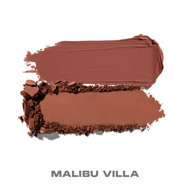 {Malibu Villa} Cheek Thrills Bronze Tone Duos cream and powder bronzer smears in warm terracotta brown, labeled MALIBU VILLA.