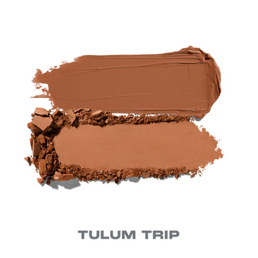 {Tulum Trip} Cheek Thrills Bronze Tone Duos shade smears showing cream and powder bronzer textures labeled TULUM TRIP.