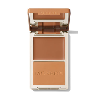 {Amalfi Coast} Open Morphe Cheek Thrills Bronzer Duo with tan lid, tan cream, caramel matte powder with MORPHE engraved. | Cheek Thrills Bronze & Tone Duos