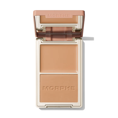 {Capri Cabana} Open Morphe Cheek Thrills Bronzer Duo with tan lid, peach cream, caramel matte powder with MORPHE engraved.