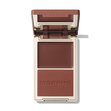 {Fiji Beach} Open Morphe Cheek Thrills Bronzer Duo with deep rust lid, rust cream, brown matte powder with MORPHE engraved.