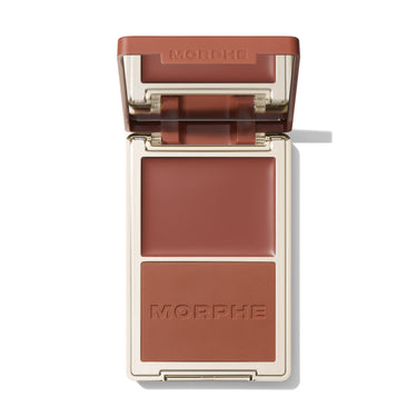 {Malibu Villa} Open Morphe Cheek Thrills Bronzer Duo with terracotta lid, terracotta cream, terracotta matte powder with MORPHE engraved.
